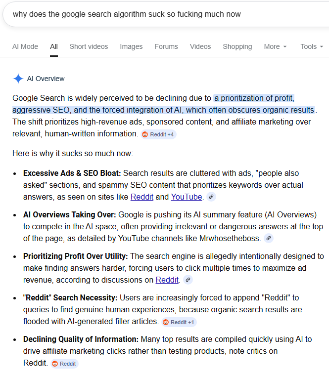 For once I agree with the Google AI Overview