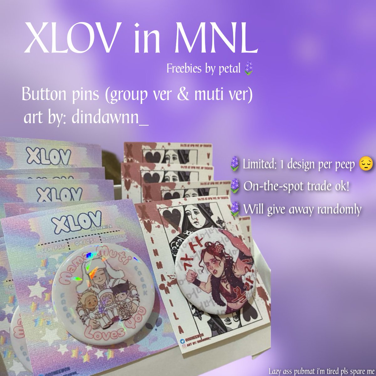 #XLOVinManila 2026 Freebies

Pin for you and you and you and you

Take these pins away from me tomorrow. No cost. Free. For free! Will probably lurk in the trade area? 👀😔

See you!