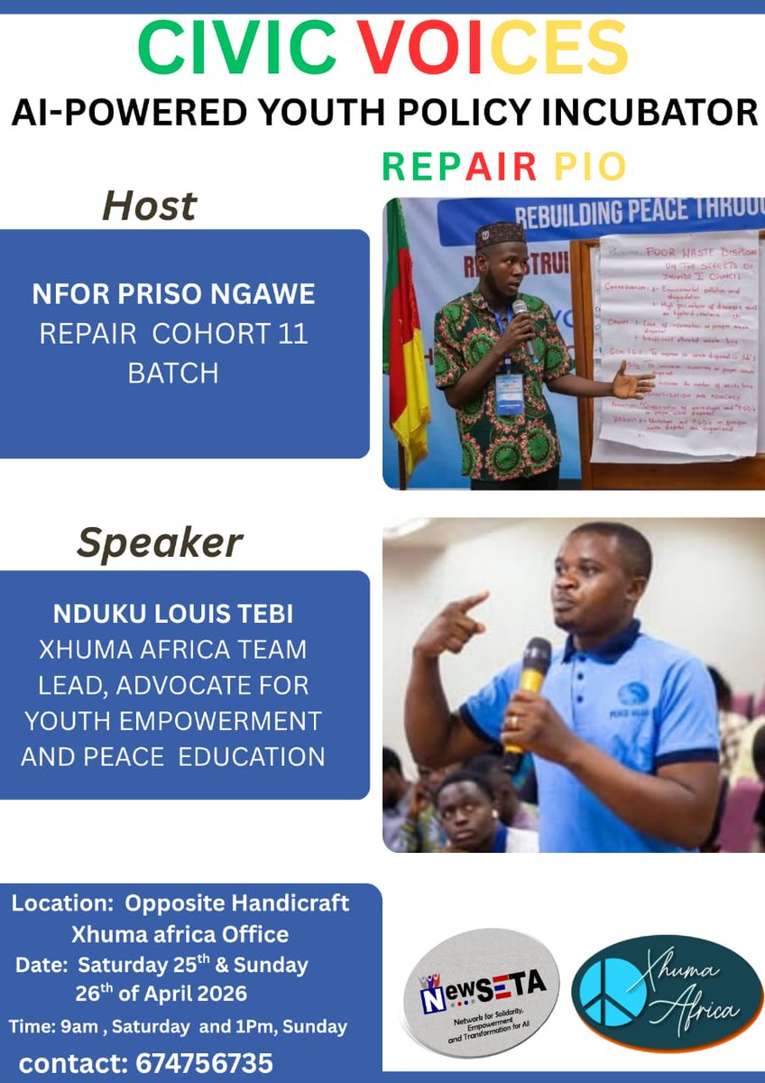 NforNgawe's tweet image. 𝐂𝐢𝐯𝐢𝐜 𝐕𝐨𝐢𝐜𝐞𝐬 — this Saturday, 25th April at Xhuma Africa Office.

With @NdukuTebi🔥
Thanks to @NewSETA &amp;amp; @XhumaAfric82474.

#CivicVoices #YouthEmpowerment
 #AIForGood #CivicVoices
