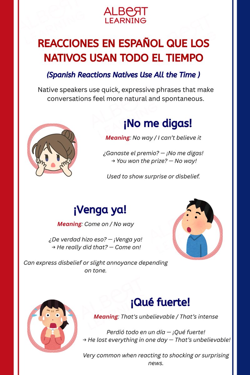 Albert_Learning's tweet photo. It’s not just vocabulary — it’s how you react in real conversations. Native speakers use these quick, expressive phrases every day 🇪🇸💬

Save this post for future reference and follow Albert Learning on your journey to upgrading your Spanish 

#LearnSpanish #AlbertLearning https://t.co/4AKs8XBaZy