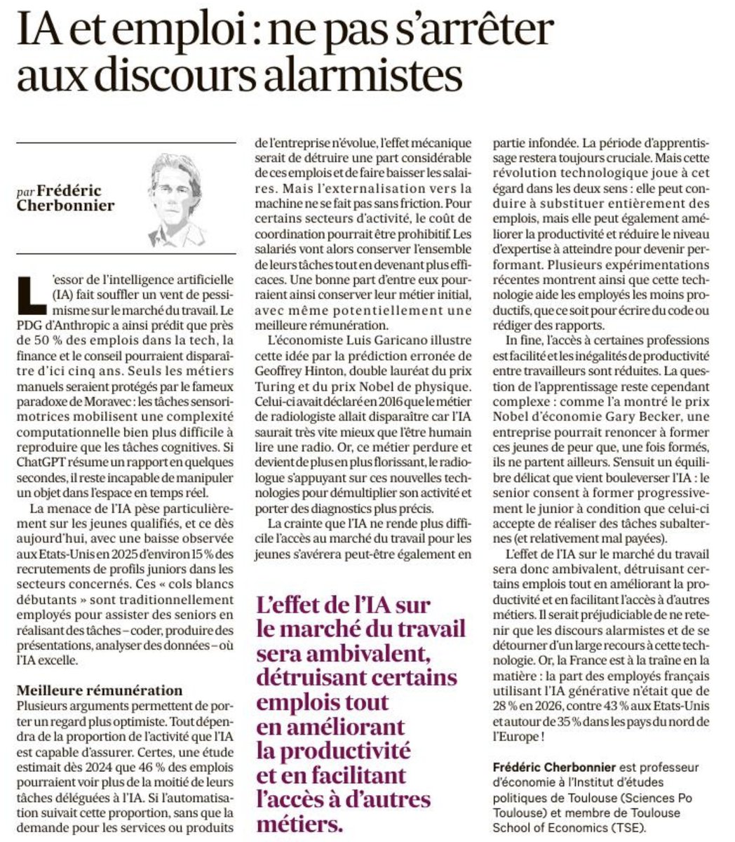 fcherbonnier's tweet photo. Ma dernière chronique dans les échos, autour des effets de l'intelligence artificielle sur l'emploi.... cf. https://t.co/yQDfO3hT49 https://t.co/97gBbytMdy