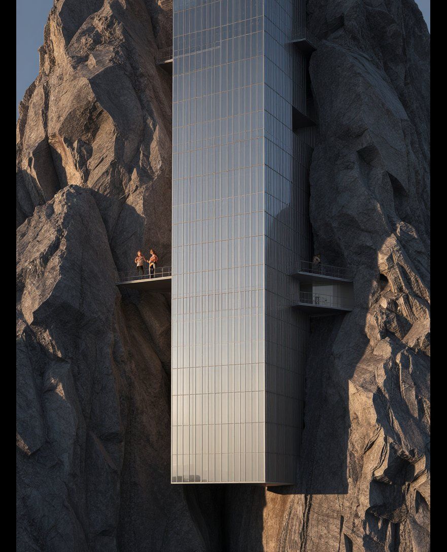 phiarch_'s tweet photo. Golden light bathes a futuristic skyscraper perched between mountains, its sleek glass and steel facade casting dramatic shadows. A couple stands on a cantilevered platform, lost in the awe of this architectural marvel. #architecture #modernism #suspendedcity https://t.co/fRqE9wUhxT
