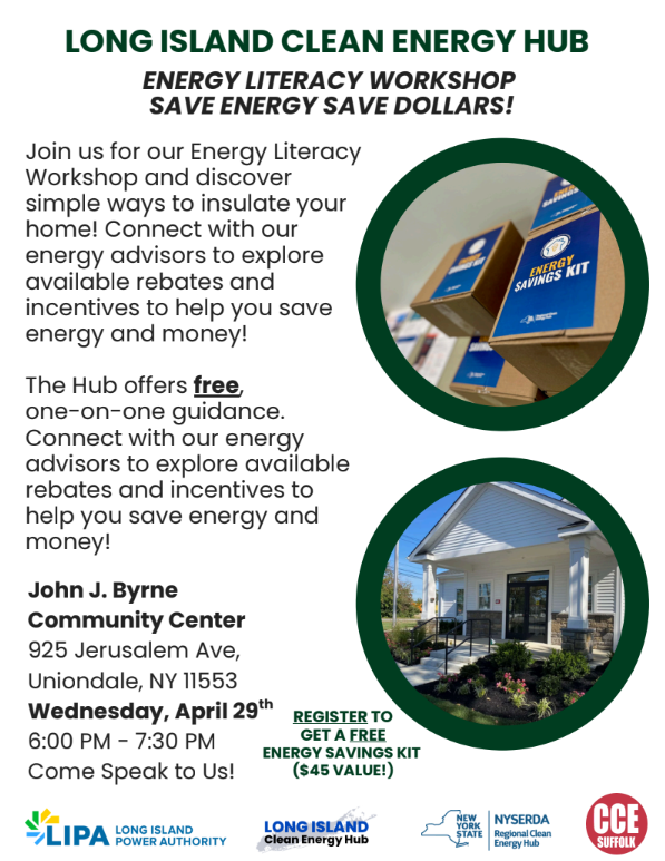 LIGreenGuide's tweet image. Come join the Long Island Clean Energy Hub for an energy literacy workshop! Register and receive a FREE energy savings kit worth $45!

 #CleanEnergy #EnergyLiteracy #EnergyWorkshop #EnergyEfficiency