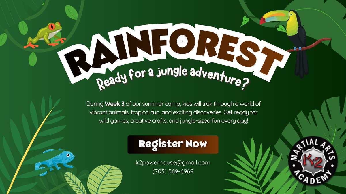 arts_k2's tweet image. Step into the rainforest for Week 3 of K2’s #summercamp! 🐸

This camp week is all about #jungle-inspired fun with themed crafts, #games, and activities designed to spark imagination and #creativity. 🌴 🦜

Register today!

✉ k2powerhouse@gmail.com
📞703-569-6969