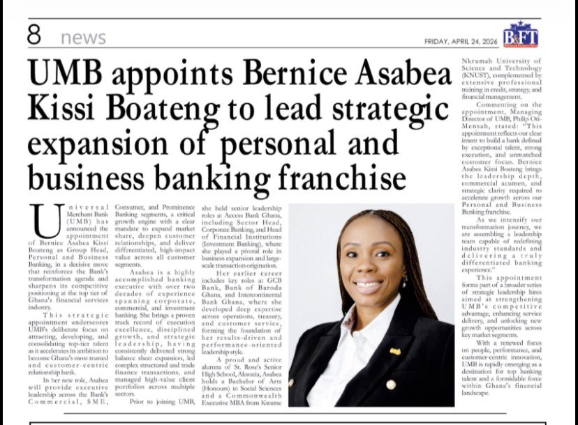 myumbbank's tweet image. UMB Appoints Bernice Asabea Kissi Boateng as Group Head, Personal and Business Banking

Read more here: thebftonline.com/2026/04/24/umb…

©BFT 

#Leadership
#Banking
#CustomerFirst
#UMBAdvantage