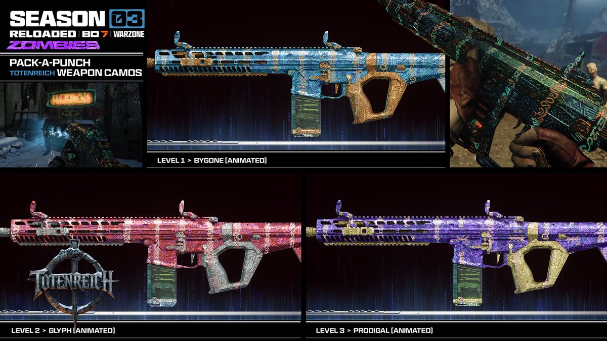 CoDZombHistory's tweet image. 🔥 First Look at the #BlackOps7 #Zombies Totenreich Pack-A-Punch Camo

- Level 1: Bygone
- Level 2: Glyph
- Level 3: Prodigal