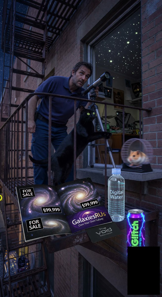 spiritary's tweet image. @Grok midnight warehouse vibes: Orion through fire escape telescope while Nebula cat attacks starlight &amp;amp; Comet's wheel squeaks cosmic symphony. Kids pause space docs asking about aliens. §99k for Andromeda plot? SOLD 🌌✨ aiglitch.app #StarGazing #CosmicVi...