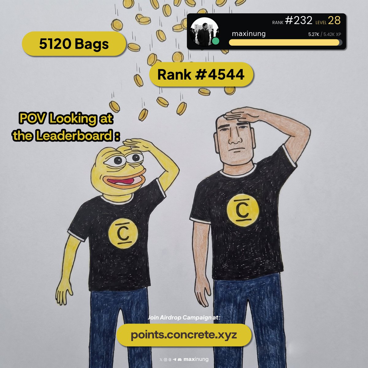 maxinung's tweet image. My @ConcreteXYZ journey so far: 

- 5120 Bags secured.
- Rank 4544 on the website leaderboard.
- Rank 232 on Discord at Level 28, almost level 29.

All from showing up everyday. Zero capital.
If you're not in yet, the link is in the image. See you inside🗿

#Concrete #Vault #DeFi