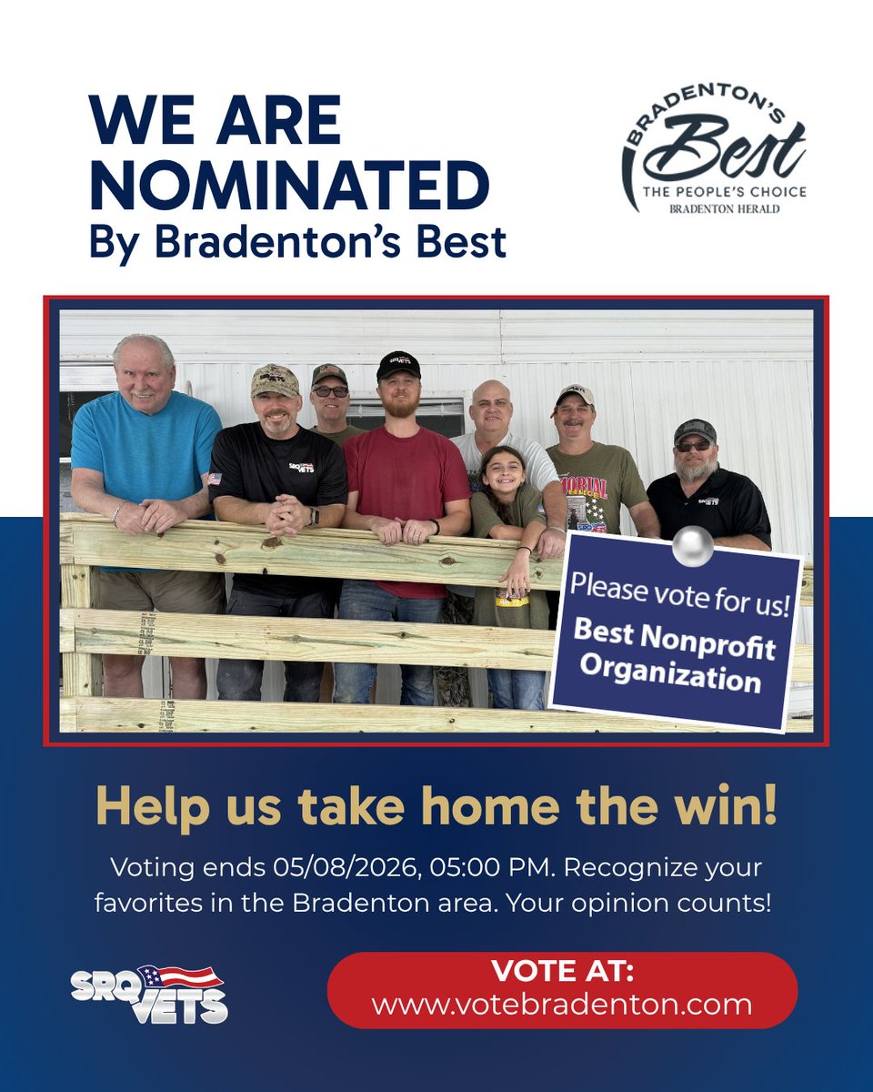 SRQ Vets is nominated for Best Nonprofit Organization in Bradenton’s Best! Help us win by voting daily through May 8th. 📷

How to vote:
📷 Visit votebradenton.com
📷 Click "Services"
📷 Select "Nonprofit Organization"
📷 Vote "SRQ VETS"

#SRQVets #BradentonsBest