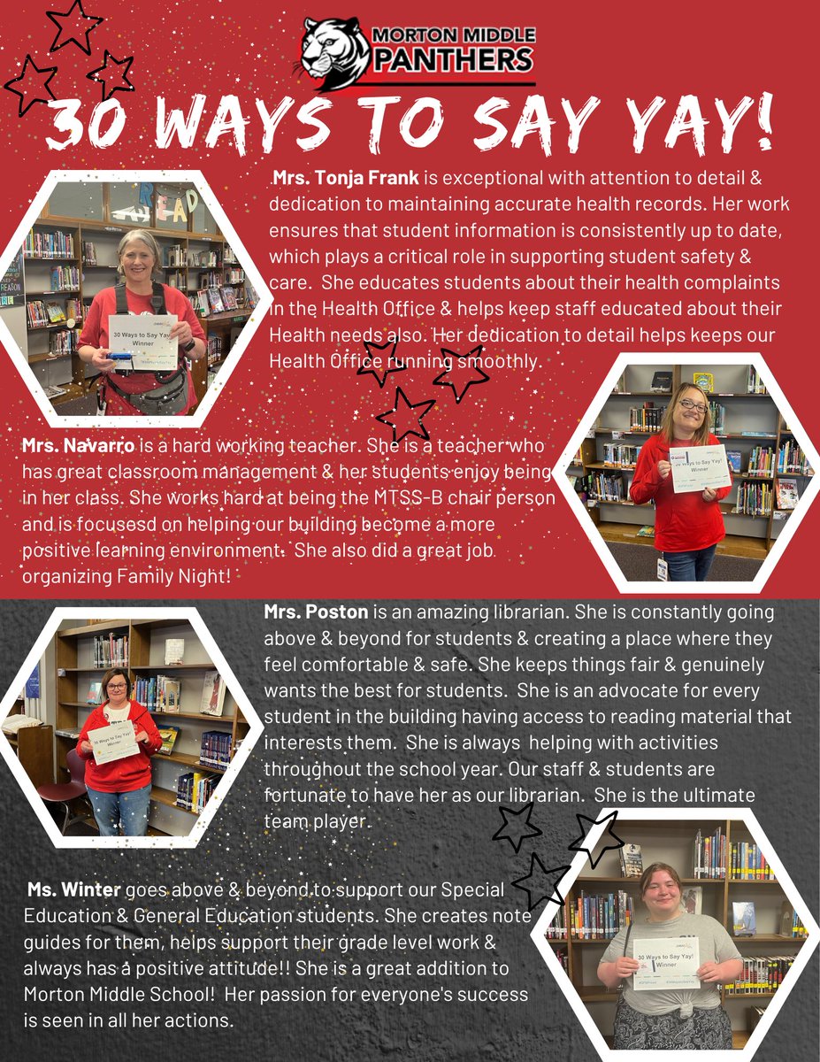 OPS_Morton's tweet photo. Congrats to our #30WaysToSayYay winners for the month of April, Nurse T, Mrs. Navarro, Mrs. Poston and Ms. Winter. #BeMoreBeMorton #OPSProud https://t.co/0EJrvgQ7L6