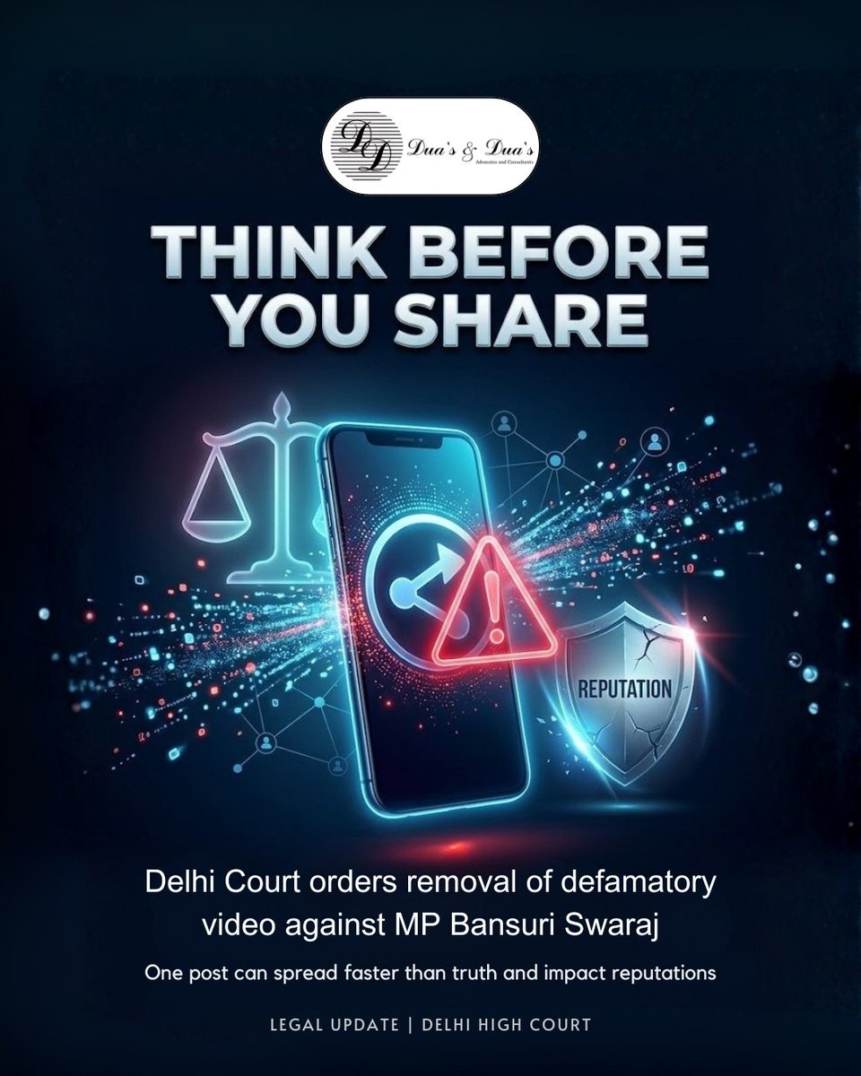 duasnduas's tweet image. Delhi High Court orders removal of defamatory video against MP Bansuri Swaraj ⚖️

Think before you share.
One viral post can damage reputations—and lead to legal consequences.

Misinformation spreads fast. The law is catching up.

#DelhiHighCourt #Defamation #SocialMediaLaw