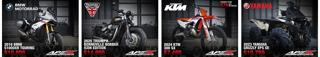 ApexCycleCA's tweet photo. April Pre-Owned Spotlight
Mildly abridged due to volume.
See spotlight models here &amp;, as always, talk to our Sales Specialists about a model you desire that you don’t see, because it might be waiting in the wings!
Prices include all fees – HST &amp; licensing extra. #cbridge #watreg https://t.co/4TtzlvxQ9j