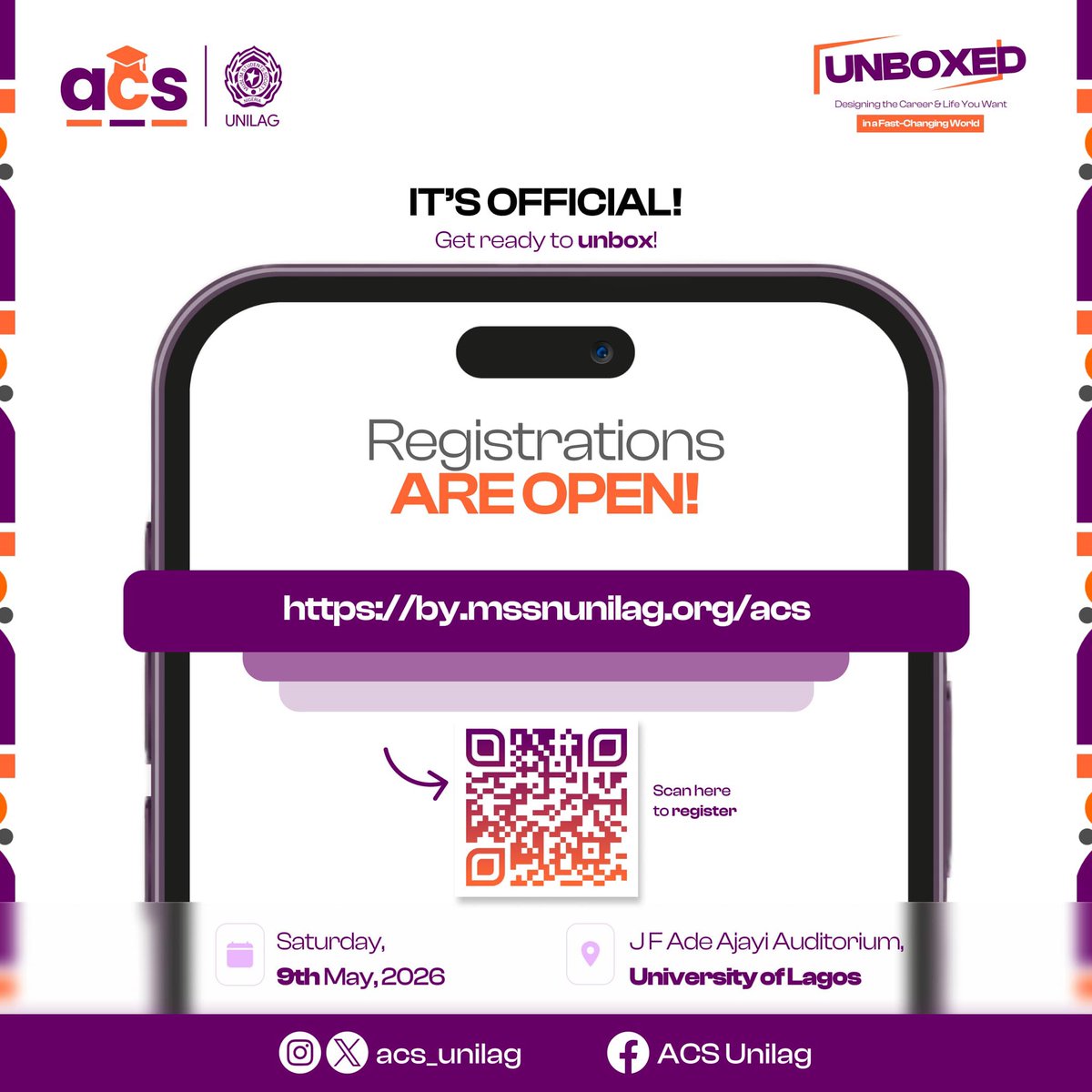 acs_unilag's tweet photo. Saturday, 9th of May is the day. ๐คญ
9:00 AM; donโt be late.
ACS2026: thatโs the event. ๐คฉ
J.F. Ade Ajayi Auditorium, UNILAG is the place.
Secure your seat now: https://t.co/HQMydfv5Sj โ we can't wait to have you.
ยฉ๏ธ @acs_unilag x @unilag_mssn
#unboxed #acs2026 https://t.co/fVQNzuRE49