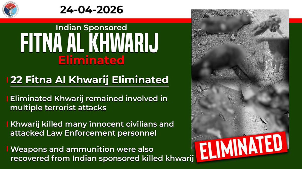 On 21 April 2026, a joint intelligence based operation was conducted by Security Forces and Law Enforcement Agencies in Khyber District on reported presence of khwarij. 

During conduct of the operation, after intense exchange of fire and skillful engagements by own forces,