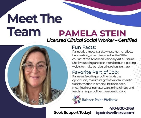 BPointWellness's tweet image. Meet Pamela Stein, LCSW-C!
▪️ Provides in-person therapy in #Baltimore &amp;amp; supervises interns
▪️ Uses a trauma-informed, integrative approach with mindfulness, nature-based &amp;amp; expressive arts
▪️ Focuses on connection, healing &amp;amp; meaning
Schedule: 410-800-2169, bpointwellness.com