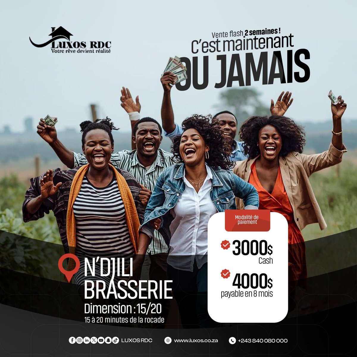 LUXOSRDCIMMO's tweet photo. 🏡 LE BONHEUR D’ÊTRE CHEZ SOI COMMENCE ICI

À N’djili Brasserie, devenez propriétaire avec Luxos RDC.  
Votre rêve n’attend plus.

✅ Terrain de 15 m x 20 m — 300 m² pour construire votre avenir  
💰 Facilités de paiement : À partir de 3 000$/4 000$, payable en 8 mois

Ne courez plus après vos rêves. Saisissez-les.

Contactez nous au: +243 840 080 000

#LuxosRDC#Kinshasa#Immobilier#construction#ndjili#vente#kinshasa#Accésàlapropriété#investissement#facilitédepaiement