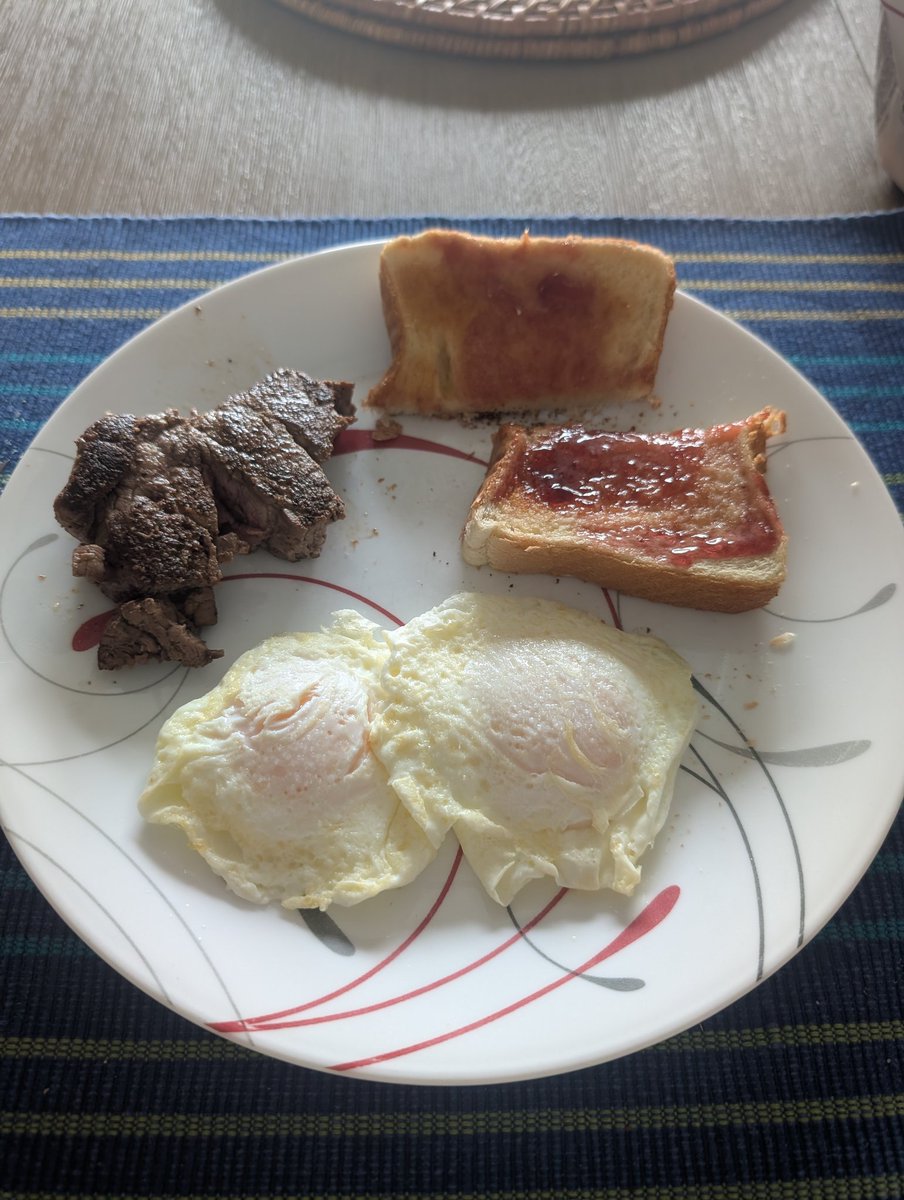 JimCourchene's tweet photo. Yesterday's doggie bag, a tuxedo fitting for my daughters wedding. Todays treasure.  Mignon, eggs over easy, Texas toast. Nice to relax &amp; be chef Bon Appetit. 😋 https://t.co/oyogV908Qv