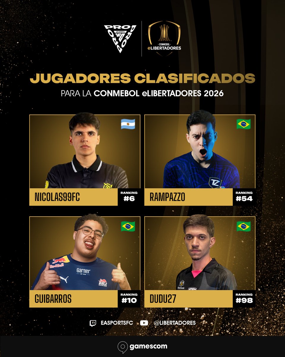 easportsfclatam's tweet photo. Comienza el camino por la Gloria Eterna 🏆

Estos son los 16 jugadores clasificados que competirán por la #GloriaEterna en la CONMEBOL eLIBERTADORES 2026.

📍 @gamescomlatam
🗓️ 2 y 3 de mayo
📺 En vivo por https://t.co/SaxuXp430c https://t.co/2Cbjz8IHjC