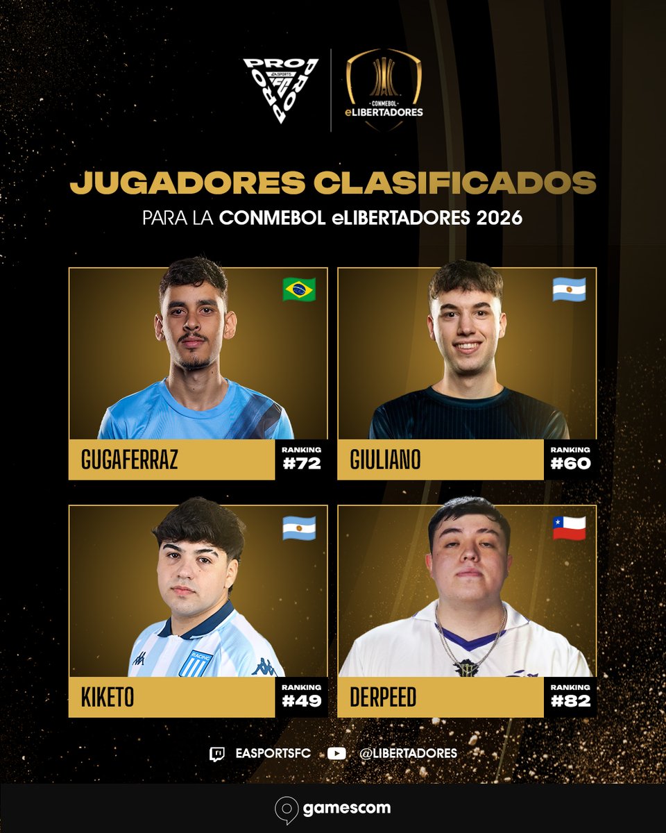 easportsfclatam's tweet photo. Comienza el camino por la Gloria Eterna 🏆

Estos son los 16 jugadores clasificados que competirán por la #GloriaEterna en la CONMEBOL eLIBERTADORES 2026.

📍 @gamescomlatam
🗓️ 2 y 3 de mayo
📺 En vivo por https://t.co/SaxuXp430c https://t.co/2Cbjz8IHjC