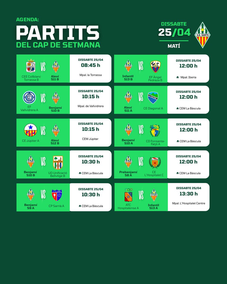uesants's tweet image. ⚽️ AGENDA | CAP DE SETMANA

Aquests són els partits dels nostres equips per a aquest cap de setmana.

🗓️ Dissabte 25/04
🗓️ Diumenge 26/04

Molta sort a tots els equips! 🤍💚

#uesants #agenda #orgullsantsenc