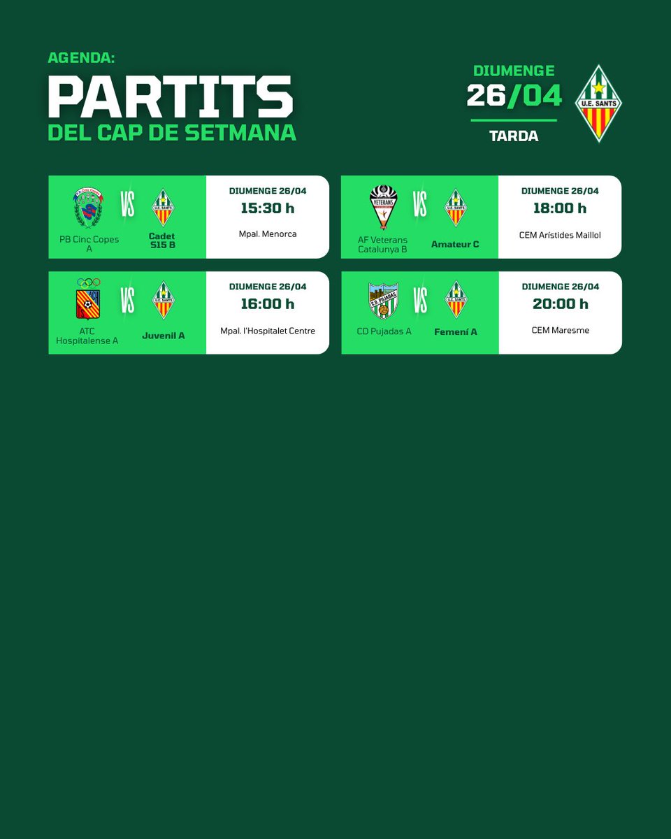 uesants's tweet image. ⚽️ AGENDA | CAP DE SETMANA

Aquests són els partits dels nostres equips per a aquest cap de setmana.

🗓️ Dissabte 25/04
🗓️ Diumenge 26/04

Molta sort a tots els equips! 🤍💚

#uesants #agenda #orgullsantsenc