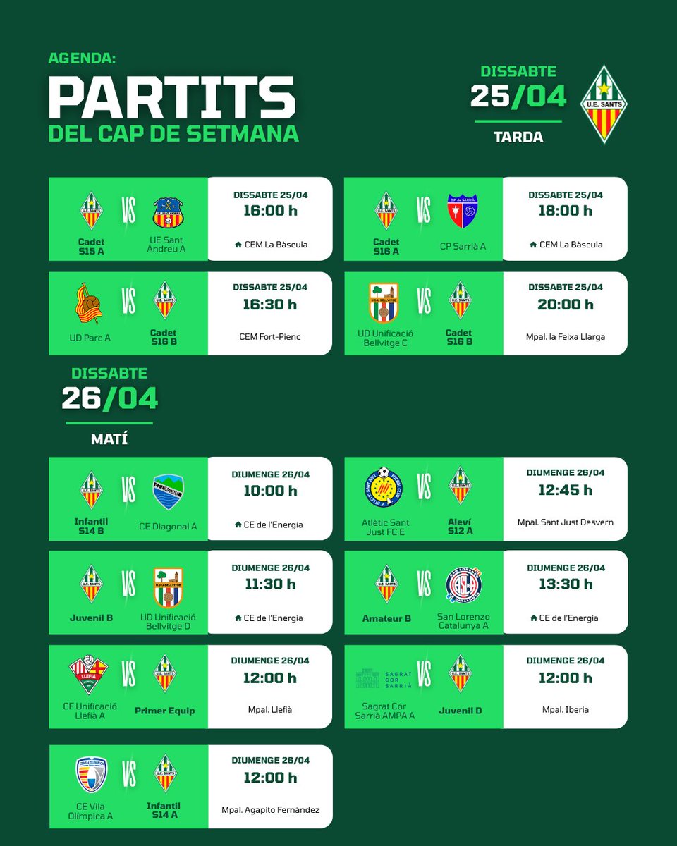 uesants's tweet image. ⚽️ AGENDA | CAP DE SETMANA

Aquests són els partits dels nostres equips per a aquest cap de setmana.

🗓️ Dissabte 25/04
🗓️ Diumenge 26/04

Molta sort a tots els equips! 🤍💚

#uesants #agenda #orgullsantsenc