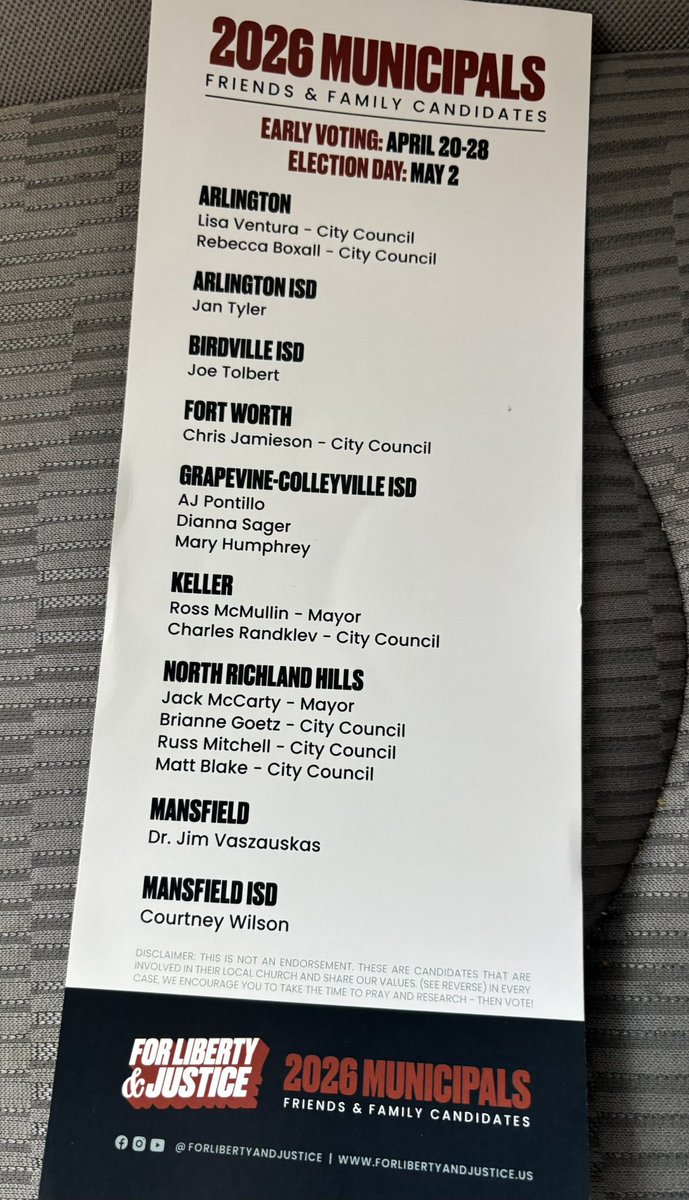 Tarrant County: Here’s a helpful voting guide for the May 2nd local elections courtesy of <a href="/FLJ_Official/">For Liberty & Justice</a>!