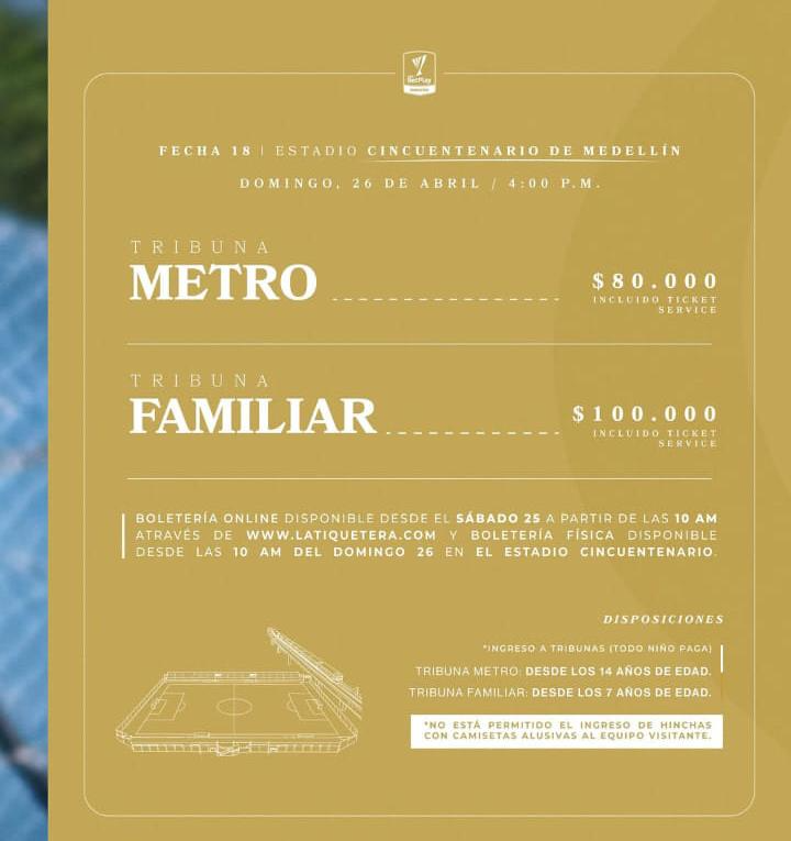 Juaneslc11's tweet photo. Lista la boletería para el partido entre Aguilas Doradas y Once Caldas.

Se puede conseguir la boletería acá:  https://t.co/f1wh0fZIhW y estará disponible mañana a las 10:00 am 

En punto físico se venderá en el Estadio Cincuentenario el domingo desde las 10:00 am 

No se puede ingresar con la camiseta del @oncecaldas