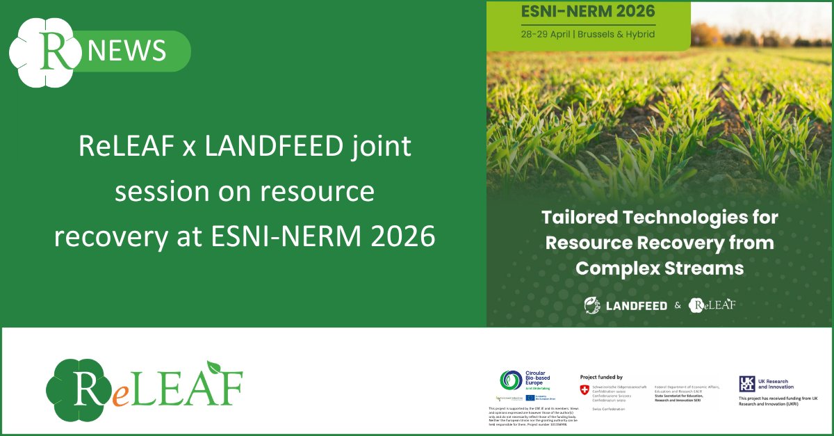 ReLEAFprojectEU's tweet photo. 🍀 How can waste streams can become valuable resources?

At ESNI-NERM 2026, #ReLEAF and #LANDFEED will organise a joint session on how advanced technologies can recover nutrients from complex streams and convert them into valuable bio-based products.

👉  https://t.co/TB0w5bYvCn https://t.co/4OTQEQIoaE
