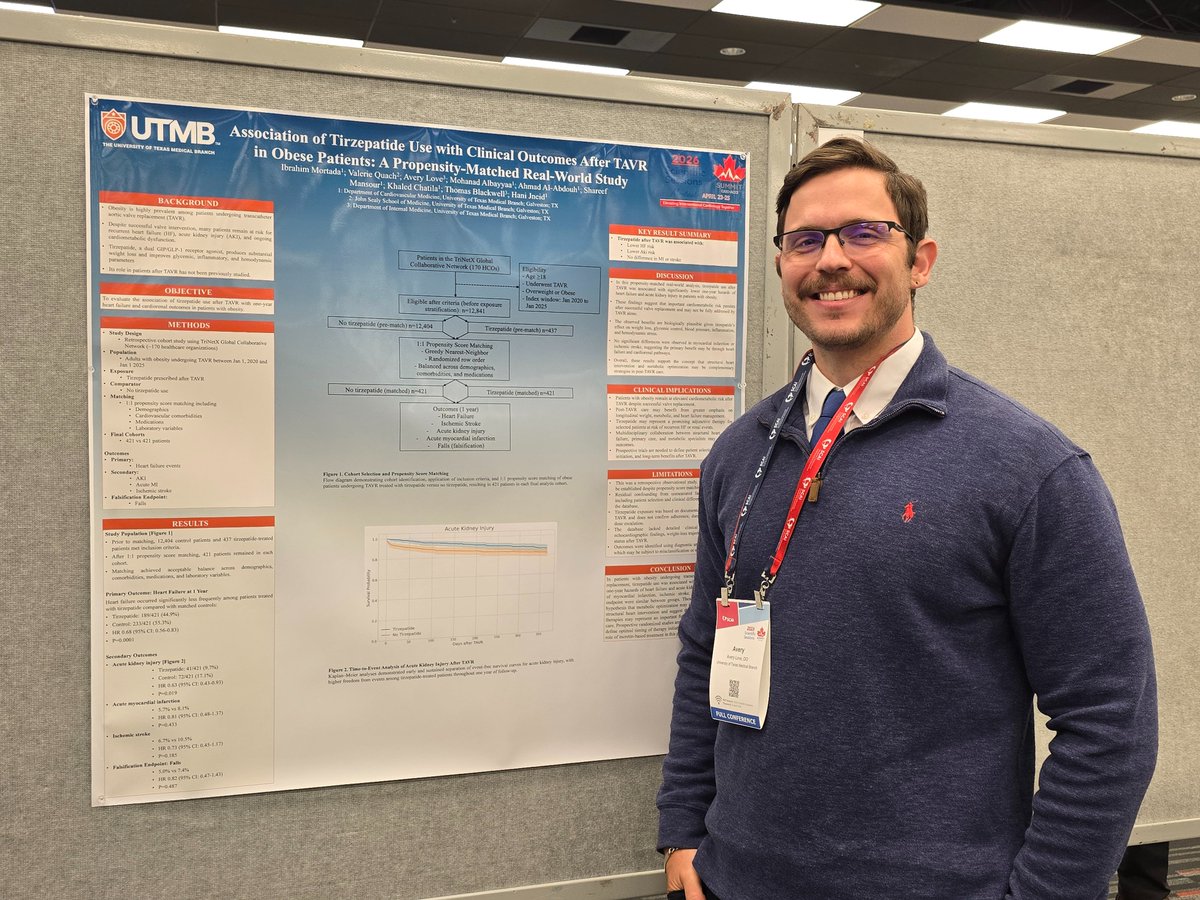 Avery_Love__'s tweet image. Honored to be presenting two posters at #SCAI2026 ! Our work explores timing of PCI with TAVR, and outcomes with Tirzepatide use in patients with obesity post-TAVR! #interventionalcardiology #UTMB @utmbcardiology @UTMBInternalMed
