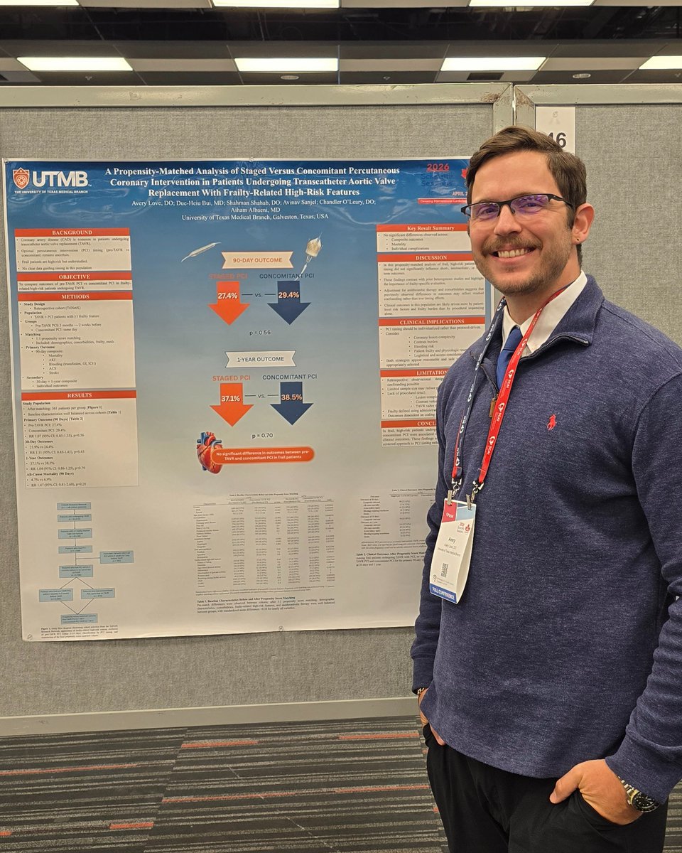 Avery_Love__'s tweet image. Honored to be presenting two posters at #SCAI2026 ! Our work explores timing of PCI with TAVR, and outcomes with Tirzepatide use in patients with obesity post-TAVR! #interventionalcardiology #UTMB @utmbcardiology @UTMBInternalMed
