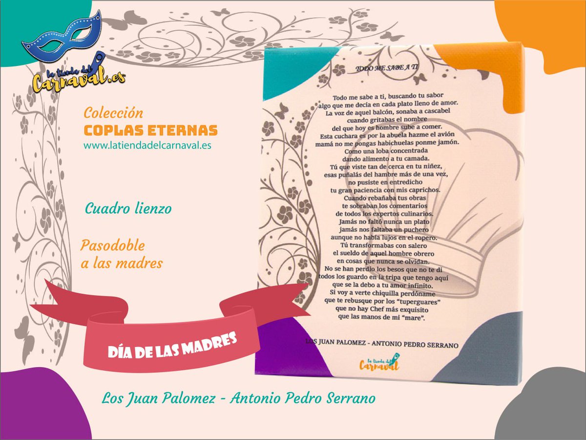Localdeensayojm's tweet image. 💐 Este Día de la Madre… díselo con un pasodoble 💐

Porque no hay letra más bonita que un pasodoble dedicado a una madre 🎶❤️

Los cuadros lienzos de la colección Coplas Eternas de #latiendadelcarnaval.

latiendadelcarnaval.es/categoria/deco…

#diadelasmadres #cadiz #carnavaldecadiz