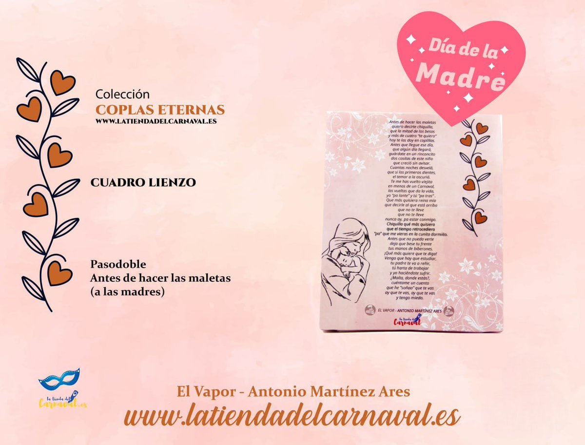Localdeensayojm's tweet image. 💐 Este Día de la Madre… díselo con un pasodoble 💐

Porque no hay letra más bonita que un pasodoble dedicado a una madre 🎶❤️

Los cuadros lienzos de la colección Coplas Eternas de #latiendadelcarnaval.

latiendadelcarnaval.es/categoria/deco…

#diadelasmadres #cadiz #carnavaldecadiz