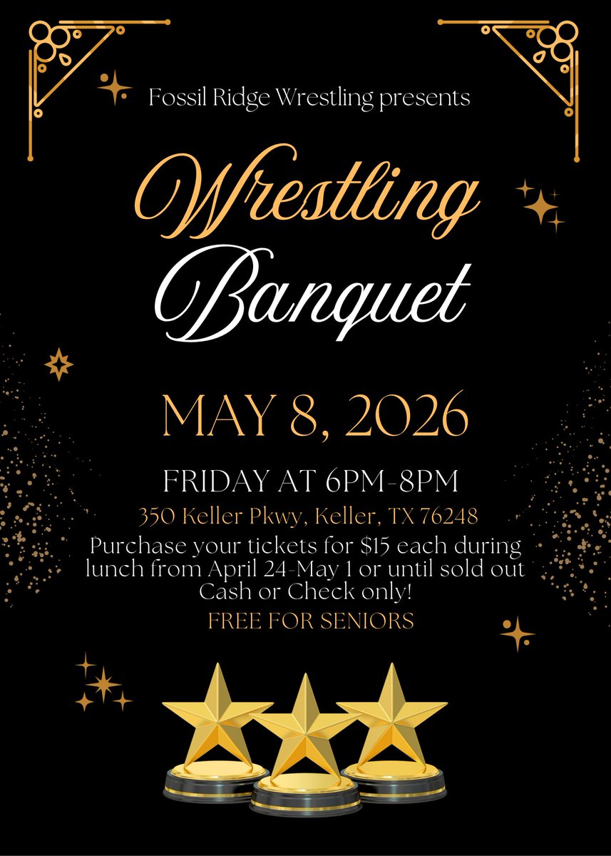 FRHSGrappling's tweet photo. Can’t wait to celebrate our wrestlers and this season’s success!

🪩 Wrestling Banquet
🗓️ Friday, May 8, 2026
￼⌚️ 6-8PM
📍 Keller ISD Education Center
🎟️ $15 each (CASH/CHECK) during lunch or from Coach Grounds in Room 280 (LIMITED TICKETS 🚨) https://t.co/UoxJraWR1d