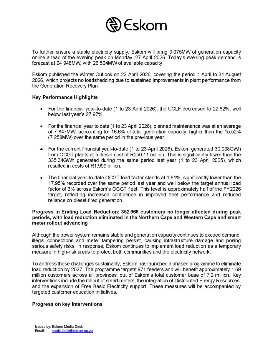 Eskom_SA's tweet photo. #PowerSystemUpdate

⚡ Power system remains stable. No loadshedding projected this winter. 

Despite higher demand from weather conditions and elevated planned maintenance, Eskom continues to deliver a stable and reliable power system. Improved fleet performance and a significant 87% reduction in diesel usage underline growing operational resilience and cost efficiency under the Generation Recovery Plan.

📈 The Energy Availability Factor (EAF) has improved to 60.47%, up from 55.99% this time last year.

👉 Read the full Power System Update for details on system performance and the Winter Outlook.

#Eskom #EskomWinterOutlook2026

@GovernmentZA @DOEE_ZA