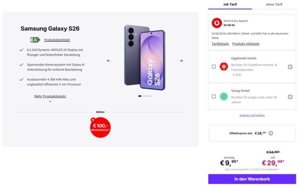 MonsterDealz's tweet image. 🔥 Deal: Samsung Galaxy S26 256GB + 50GB 5G + Allnet/SMS-Flat im Vodafone-Netz für nur 29,99€/Monat! +100€ Wechselbonus — Aktion nur noch bis Mo 14 Uhr! 📱⚡️ Effektiv fast gratis. Jetzt zuschlagen: monsterdealz.de/?p=1508604 #Smartphone #Vodafone