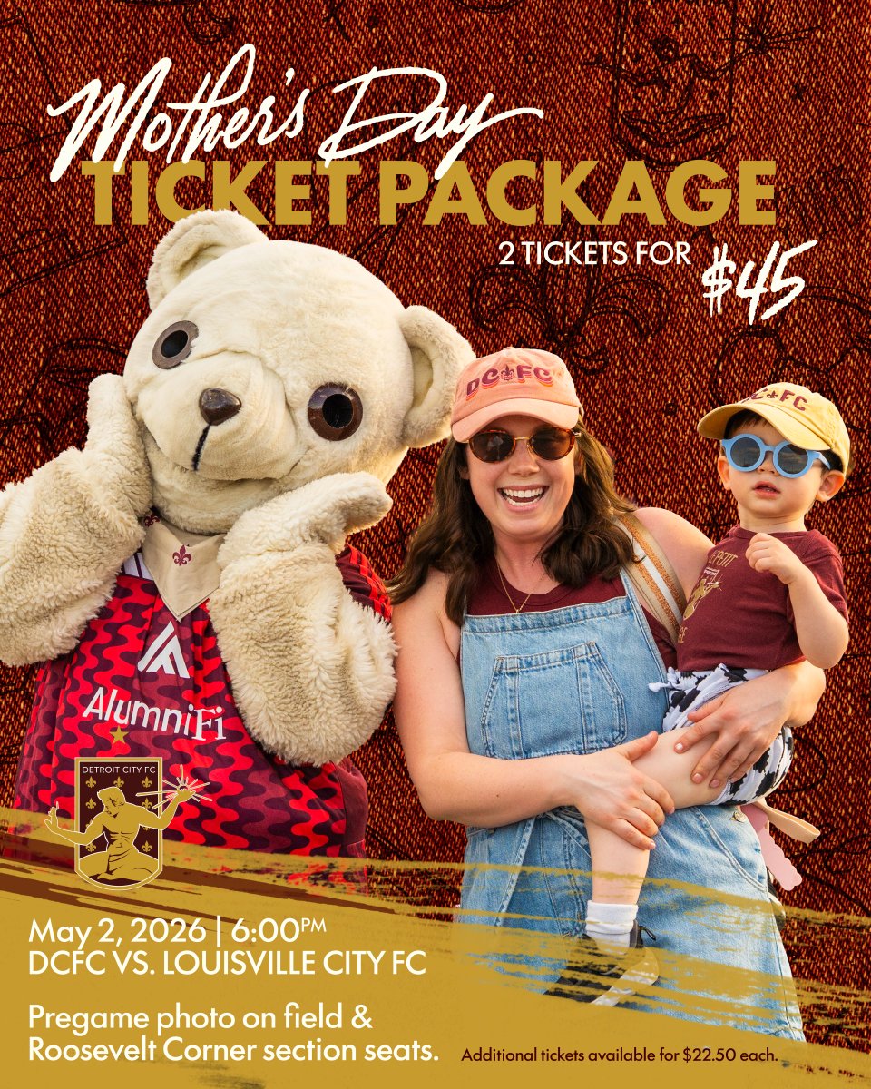 DetroitCityFC's tweet photo. Bring Mom to Keyworth 💐

2 tickets for $45 — Roosevelt Corner seats and a pregame photo on the field included. Additional tickets available for $22.50 each.

🆚 Louisville City FC | May 2 | 6:00 PM
🎟️ https://t.co/DsXq7CSBsH https://t.co/kXl8lbOyw4