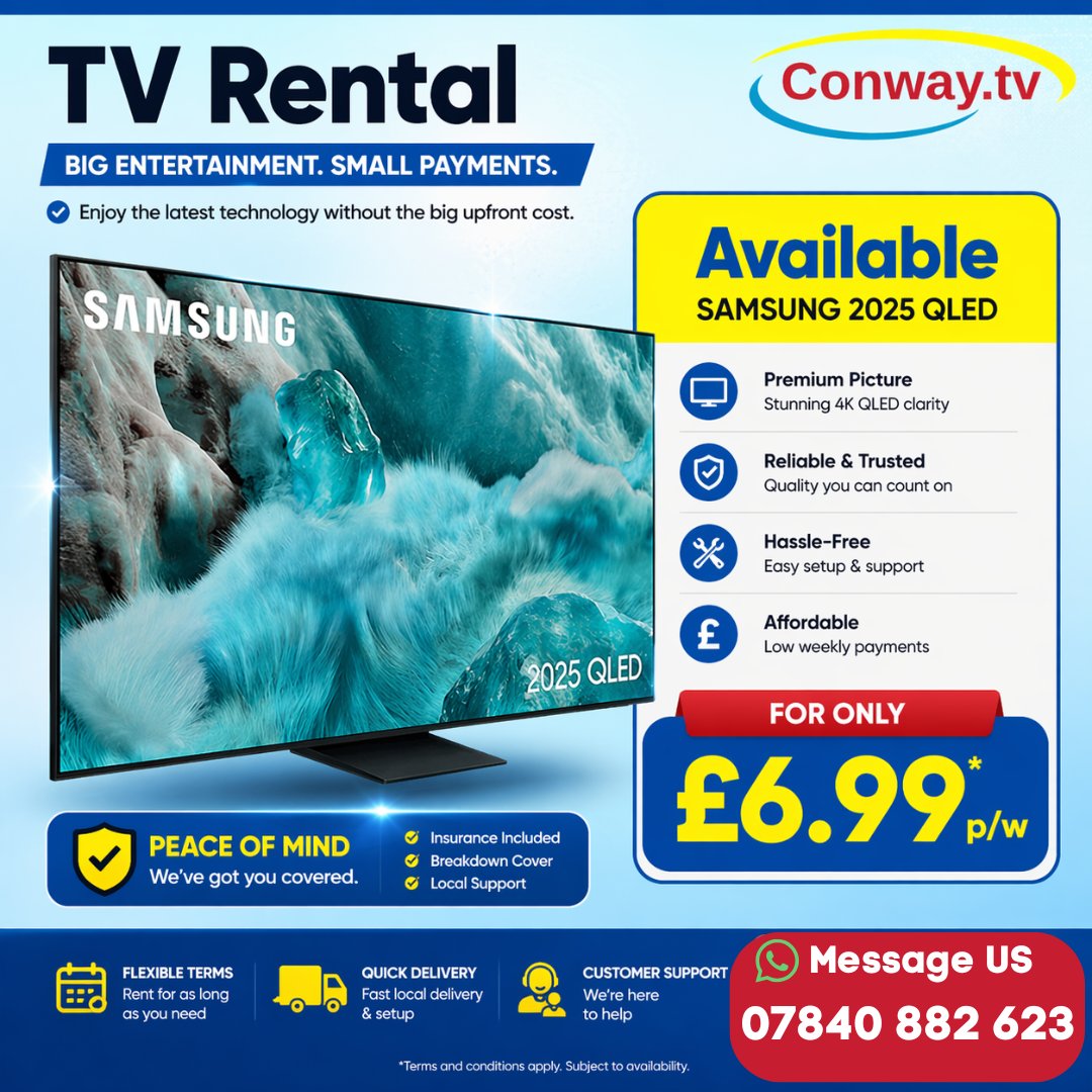 ConwayTv35358's tweet image. Upgrade your TV today for just £6.99 p/w.
No large upfront cost. Fast setup. Fully supported.
📞 Call now – limited availability!

#TVRental #QLED #AffordableTech #WeeklyPayments #UKDeals