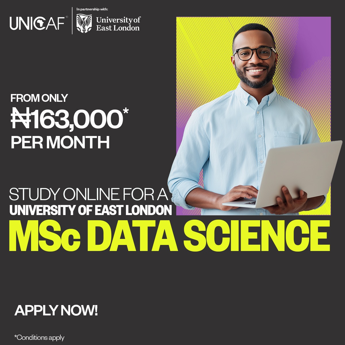UNICAForg's tweet photo. Study Data Science online with University of East London from ₦163,000 monthly. Apply Now.