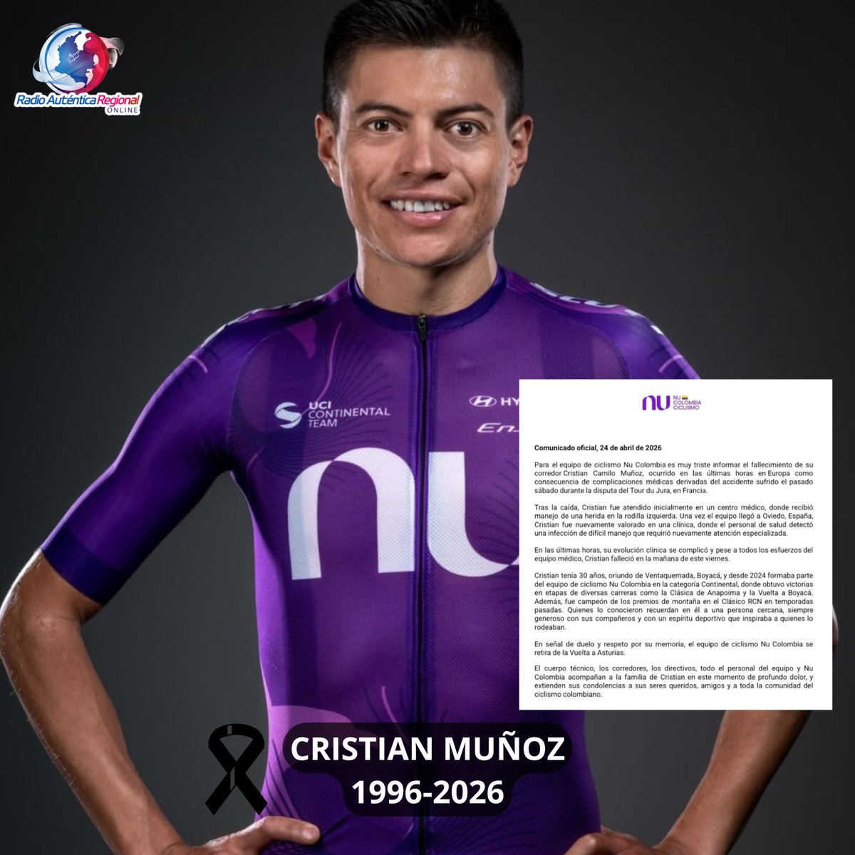 autenticaubate's tweet image. Luto en el ciclismo colombiano: fallece corredor boyacense tras accidente en Europa
El ciclismo colombiano está de luto tras confirmarse el fallecimiento del corredor Cristian Camilo Muñoz, oriundo de Ventaquemada, quien murió en las últimas horas en Europa 
#Boyaca #ventaquemada