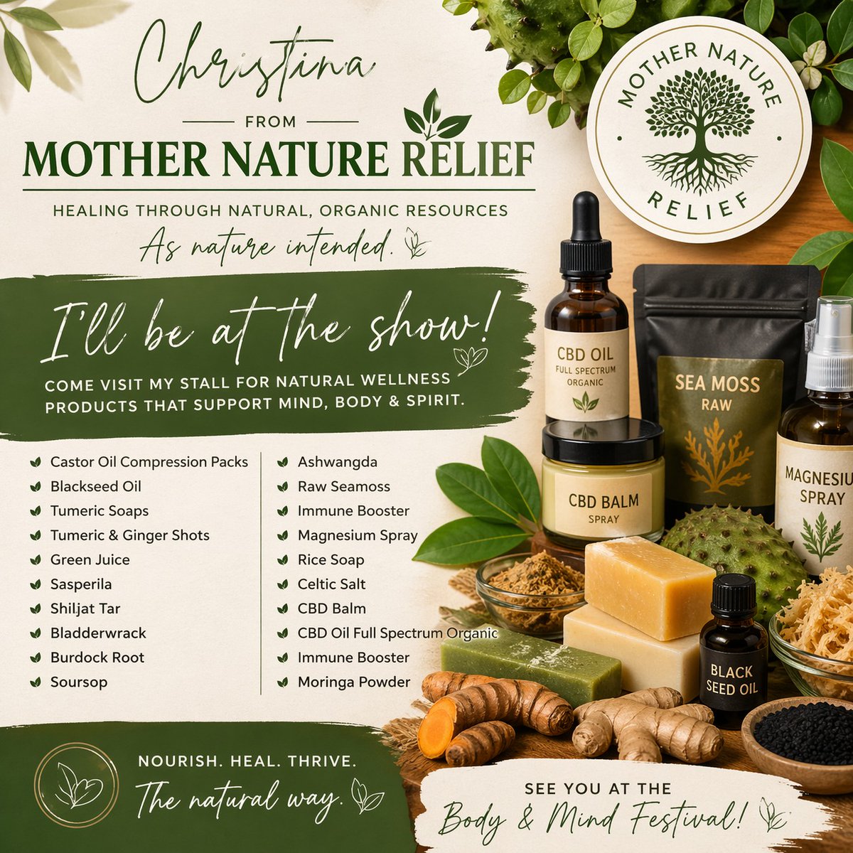BodyandM's tweet photo. Christina from Mother Nature Relief will be at the Body &amp; Mind Festival this Sunday sharing a beautiful range of natural, organic healing products—from nourishing oils &amp; herbal remedies to immune boosters &amp; wellness essentials—all inspired by nature.
Call Christina 064-027-2693 https://t.co/jcifdt1tJk