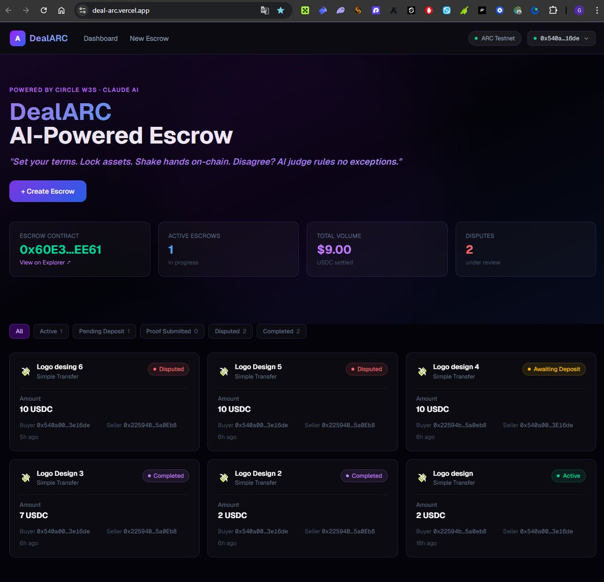 Grkntbkgl's tweet image. 🚨 Just shipped DealARC  AI-Powered Escrow on ARC Testnet

Set your terms. Lock assets. Shake hands on-chain. Disagree? AI judge rules no exceptions.

Built with @circle W3S + @AnthropicAI Claude + ARC Testnet smart contracts

🔗 Live demo: deal-arc.vercel.app