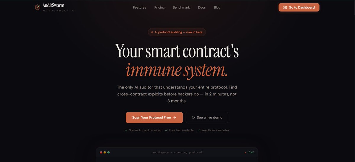 SwarmAudit34012's tweet photo. Solo founder from Gujarat just moved AuditSwarm to its new home → https://t.co/bIL4cVfdZl AI multi-agent auditor that finds cross-contract exploits (the ones that drain $100M+ protocols). 

Works on Ethereum, Base, Arbitrum — upload ZIP/GitHub/.sol → get dev report + founder risk $ estimate in minutes. Free scans open this week. 

First 20 get lifetime 70% off Pro. Builders & DeFi teams — try it and tell me what you think. #Web3 #DeFi #SmartContracts #BlockchainSecurity