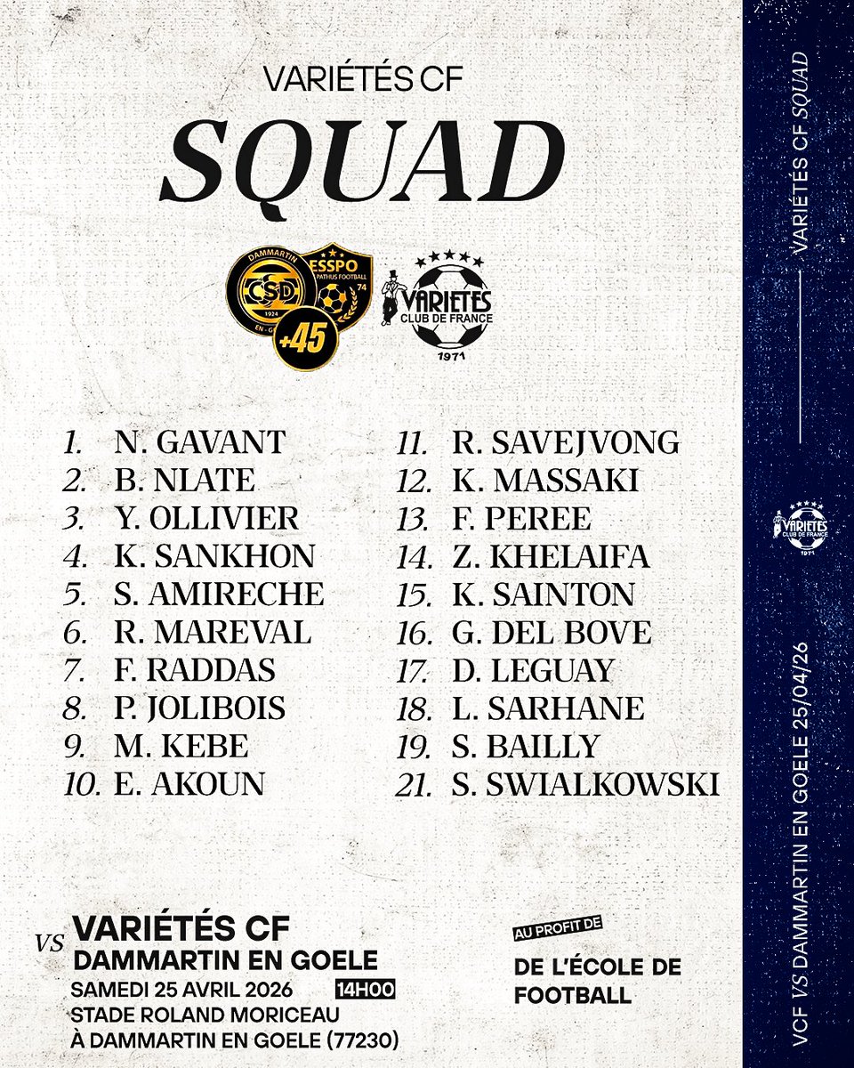 VarietesCF's tweet photo. Ce samedi, le Variétés Club de France se déplace à Dammartin-en-Goële (77230).

🔥 Voici notre groupe pour le match
🆚 Sélection du CS Dammartin
🏟️ Stade Roland Moriceau
⌚️ 14h00
💸 Au profit de l'école de foot https://t.co/0SLMUA0Y5E