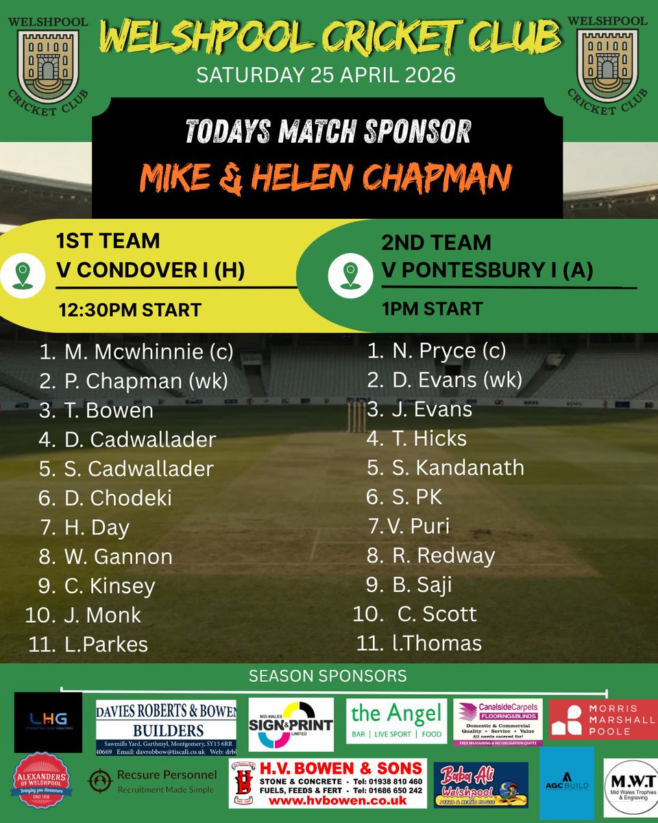 WelshpoolCC's tweet photo. First game of the 2026 Season!
🏏 Team News 🏏

1st XI home vs @cc_condover 
2nd XI away vs @PontesburyCC 

Sponsors - Mike &amp; Helen Chapman https://t.co/ubqNnzKnPe