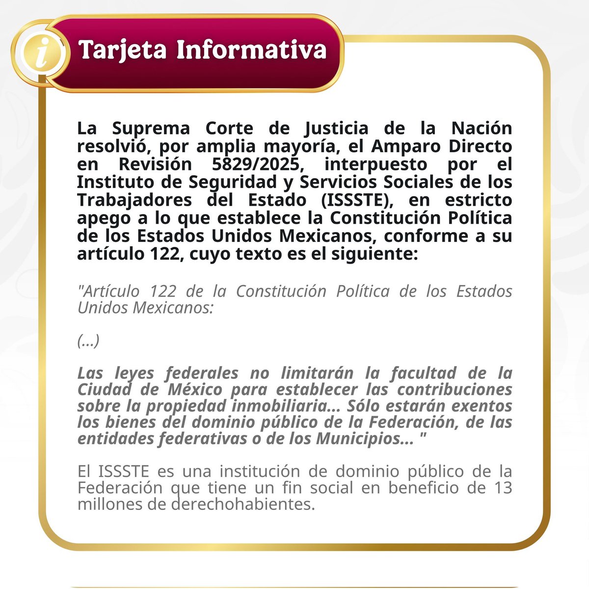 📄 #TarjetaInformativa | El #ISSSTEInforma en relación con amparo otorgado por la Suprema Corte de la Nación:
