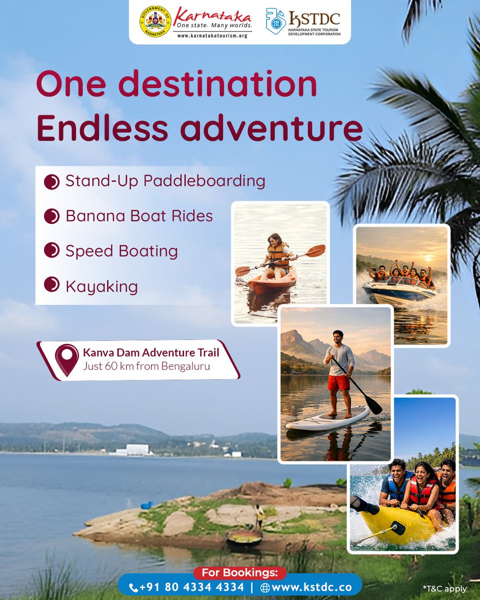 kstdc's tweet image. Adventure is closer than you think just outside the city! Escape to Kanva Dam for a refreshing day by calm waters and open landscapes. Enjoy kayaking, banana boat rides, and zip-lining with friends and family.

📞+91 80 4334 4334

#KanvaDam #WeekendGetaway #TravelKarnataka #KSTDC