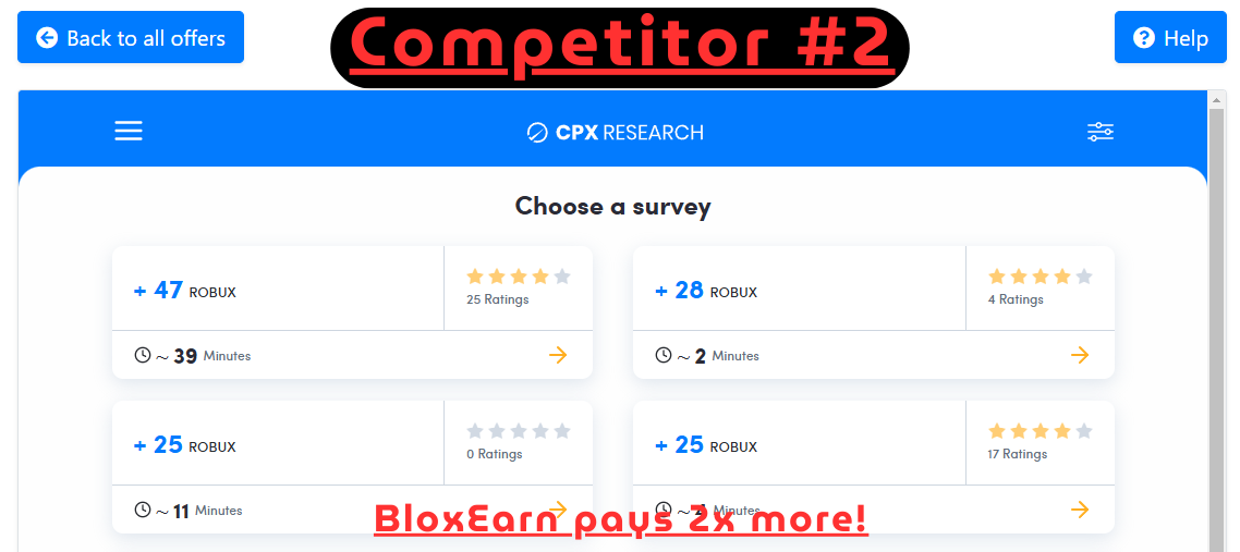 BloxEarn's tweet photo. Did you know BloxEarn pays over TWICE what competitors offer? 💰

These identical surveys show BloxEarn paying 2x more than one competitor and 3.5x more than another for the exact same tasks. 

Find a higher-paying site. We dare you! 😉 https://t.co/gGuh4t1oSd