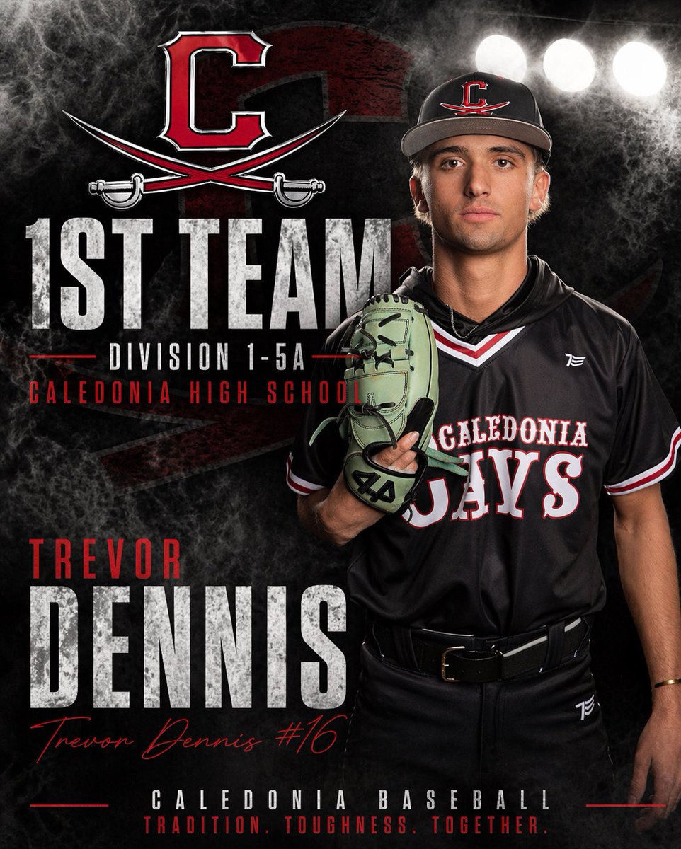 CaledoniaBB's tweet image. 1st Team All-District 1-5A:
Senior: Trevor Dennis
#GoCavs #JobNotDone #1stTeam
 ⚔️⚾️