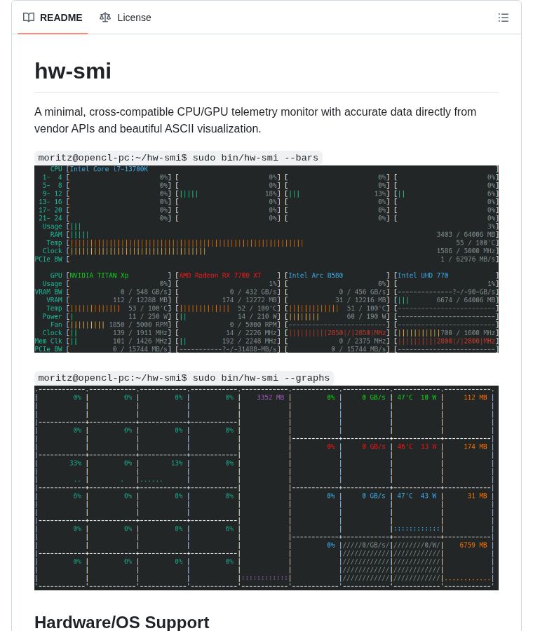 chenzeling4's tweet image. 🔥 GitHub Trending (Refresh)

hw-smi: Minimal CPU/GPU telemetry with beautiful ASCII visualization. Nvidia, AMD, Intel GPUs + CPUs on Windows &amp;amp; Linux. Usage, memory, temps, power, clocks — all from vendor APIs. Pure C++.

⭐ 223
#Hardware #Monitoring